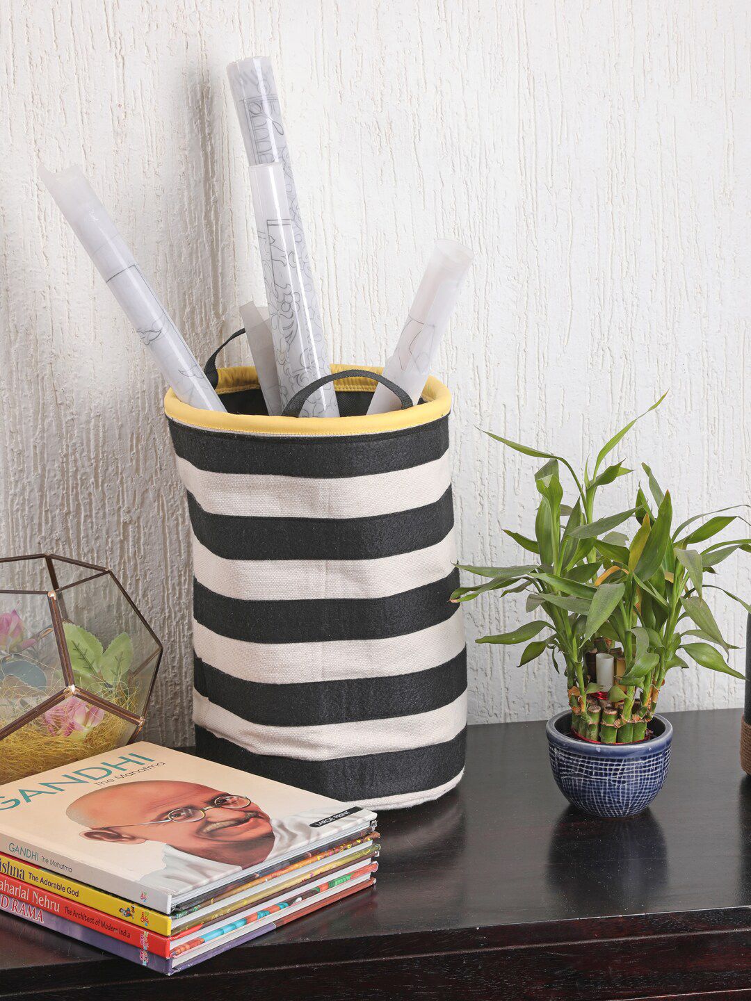 My Gift Booth Off-White & Black Striped Round Stationery Storage Hamper Price in India