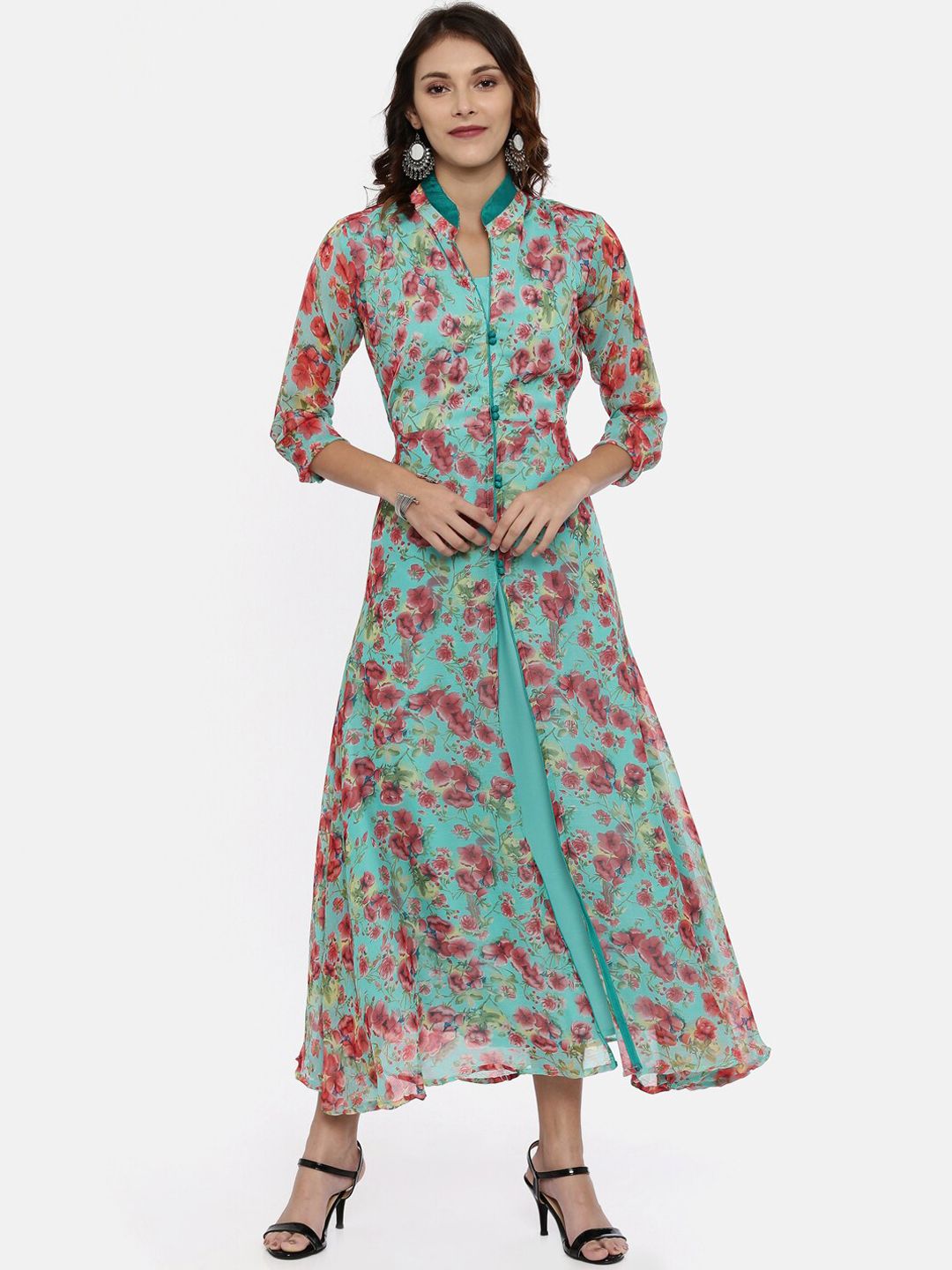 Souchii Women Turquoise Blue & Pink Floral Print Ethnic Maxi Dress Price in India