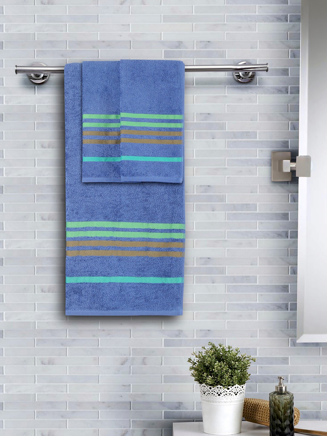 MASPAR Unisex Set Of 3 Blue & Green Striped Supersoft 450 GSM Towels Price in India