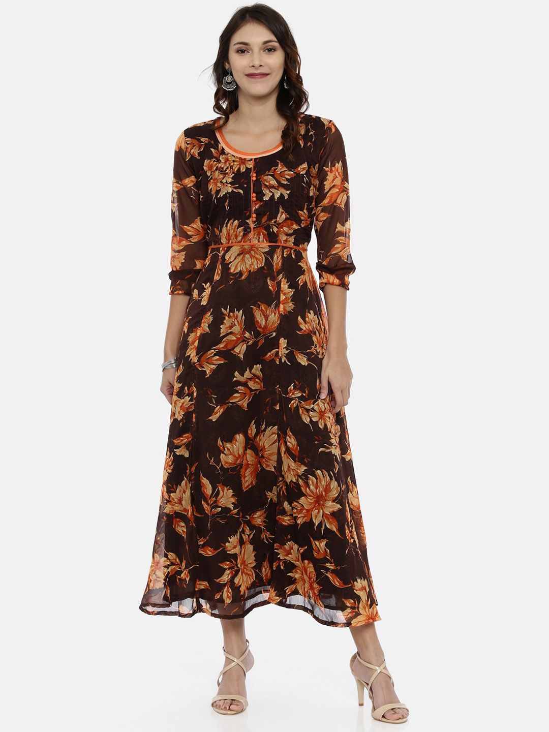 Souchii Women Brown & Orange Floral Printed Chiffon Maxi Dress Price in India