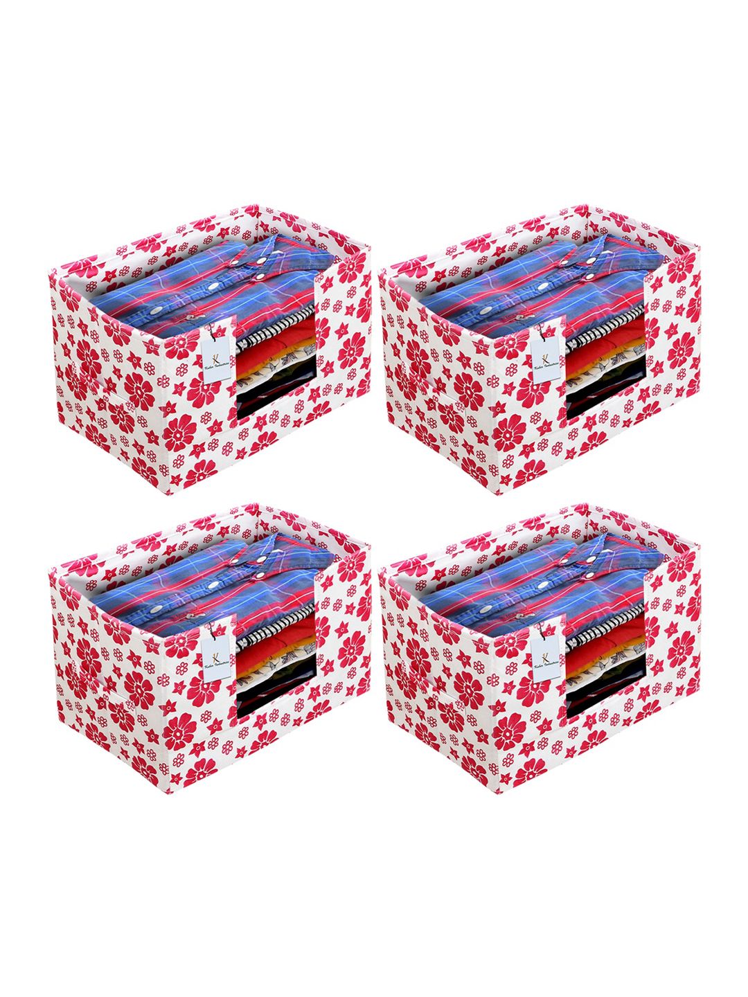 Kuber Industries Set Of 4 White & Pink Flower Printed Shirt Stacker Organisers With Handles Price in India