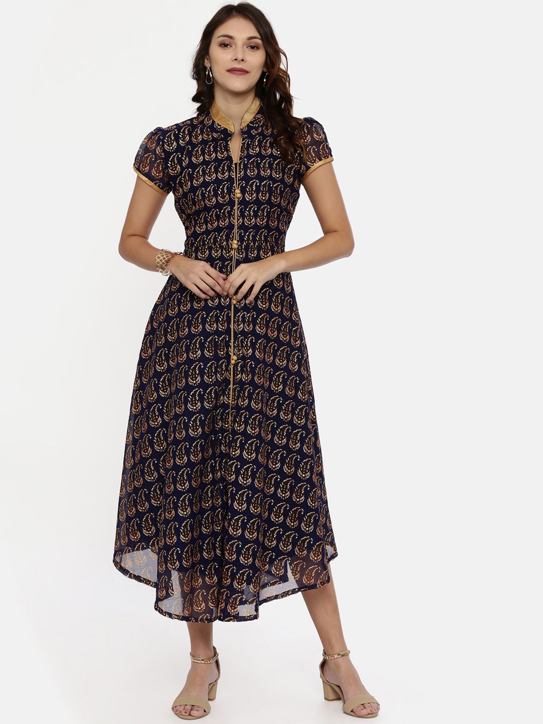 Souchii Women Navy Blue & Gold Floral Print Fit and Flare Dress Price in India