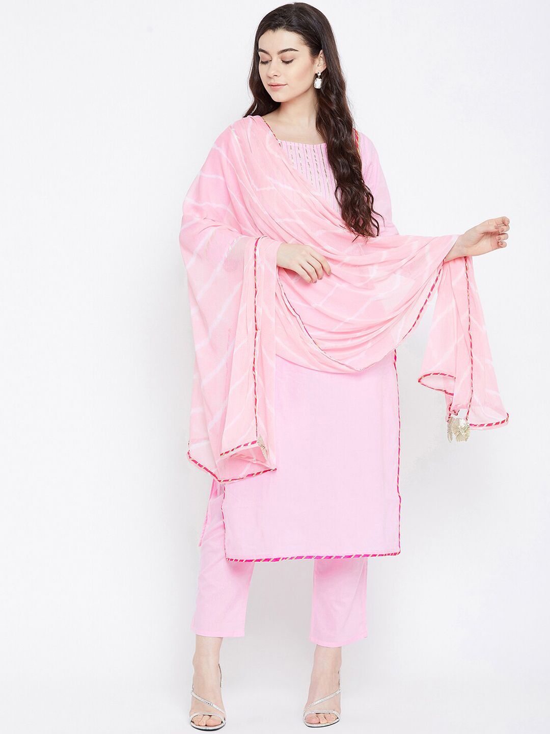 Prakhya Women Pink Self Design Kurta with Trousers & Dupatta Price in India