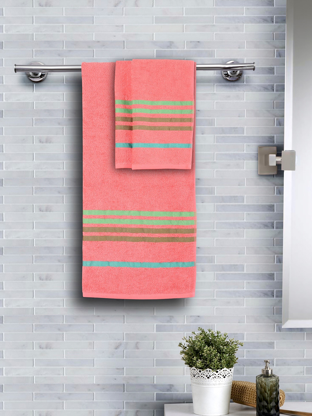 MASPAR Unisex Set Of 3 Pink & Green Striped Supersoft 450 GSM Towels Price in India