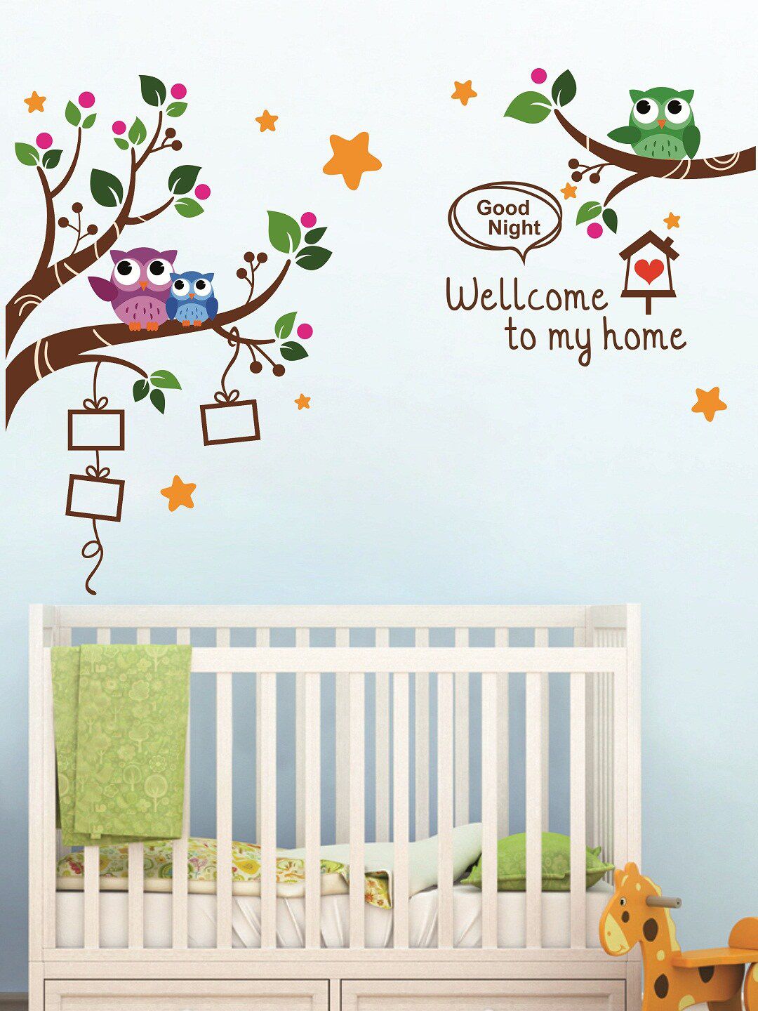 WALLSTICK Multicolored Baby Bed With Birds On Trees Large Vinyl Wall Sticker Price in India