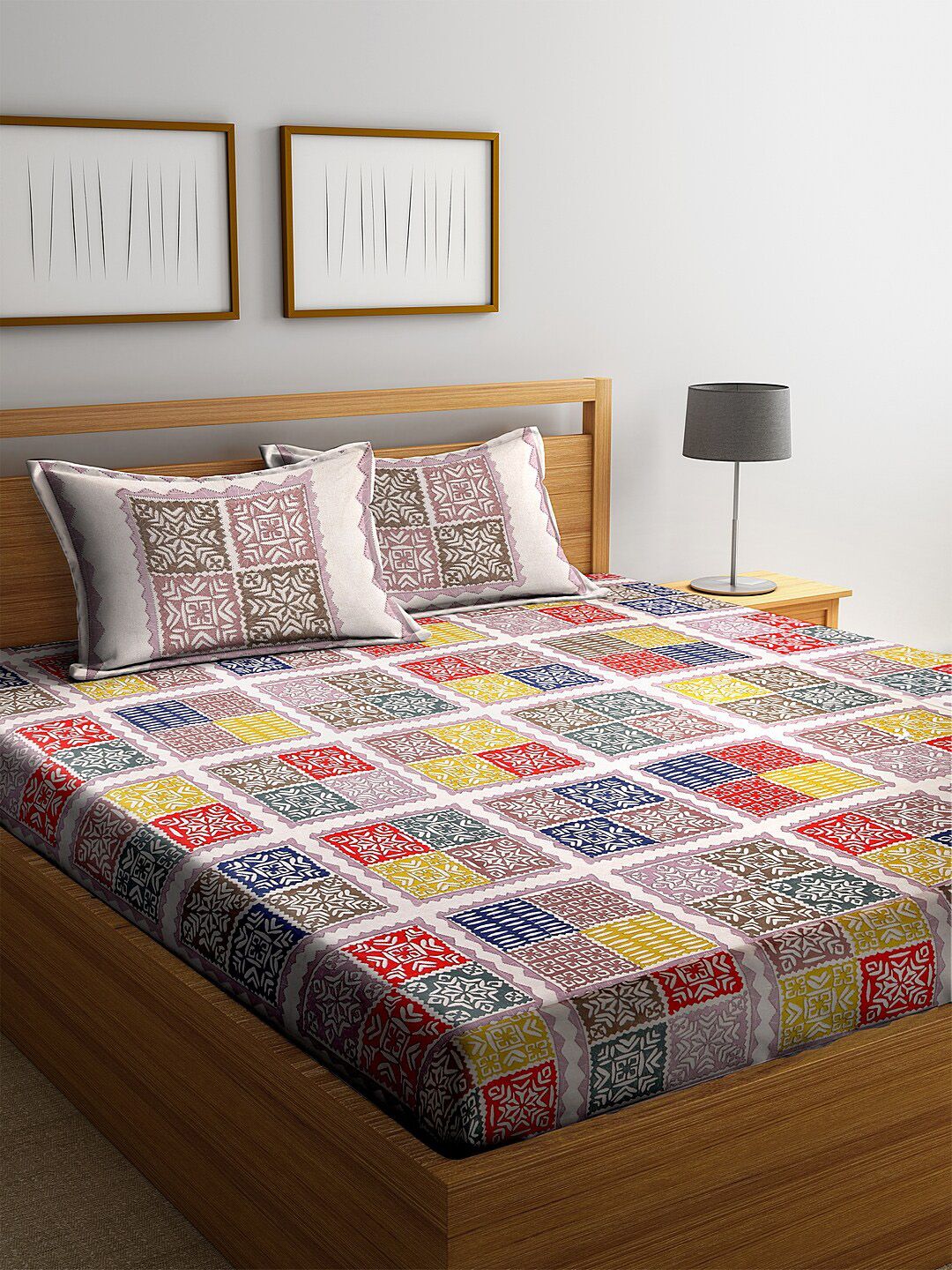 Rajasthan Decor Multicoloured Geometric 144 TC Cotton 1 King Bedsheet with 2 Pillow Covers Price in India