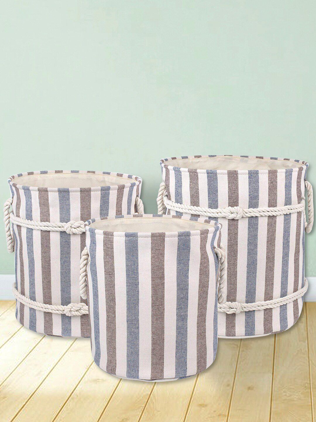 HomeStorie Set Of 3 White & Grey Striped Multipurpose Laundry Bags Price in India