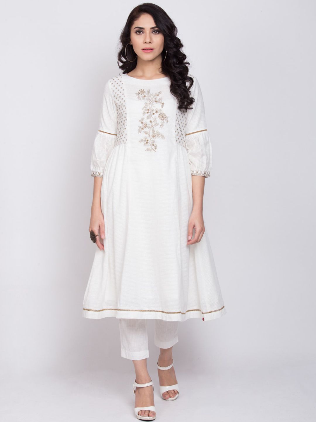 Biba Women Off-White Woven Design Anarkali Kurta