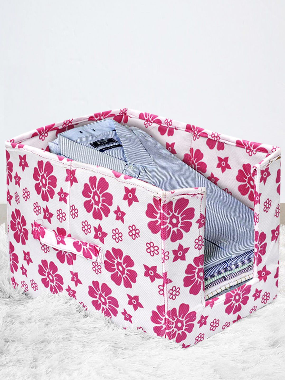 Kuber Industries White & Pink Flower Printed Shirt Stacker Organiser With Handle Price in India