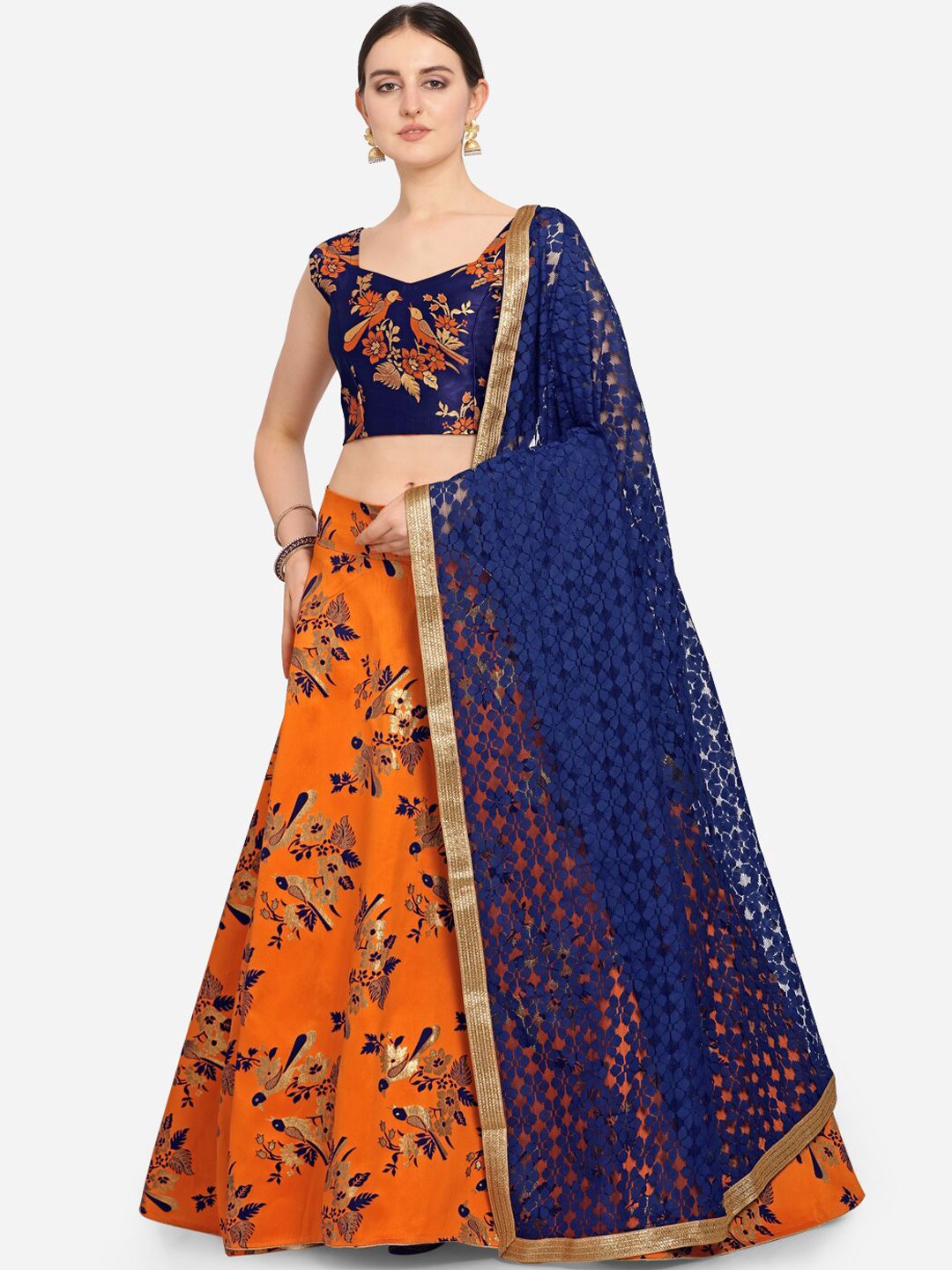 VRSALES Orange & Navy Blue Woven Design Semi-Stitched Lehenga & Unstitched Blouse with Dupatta Price in India