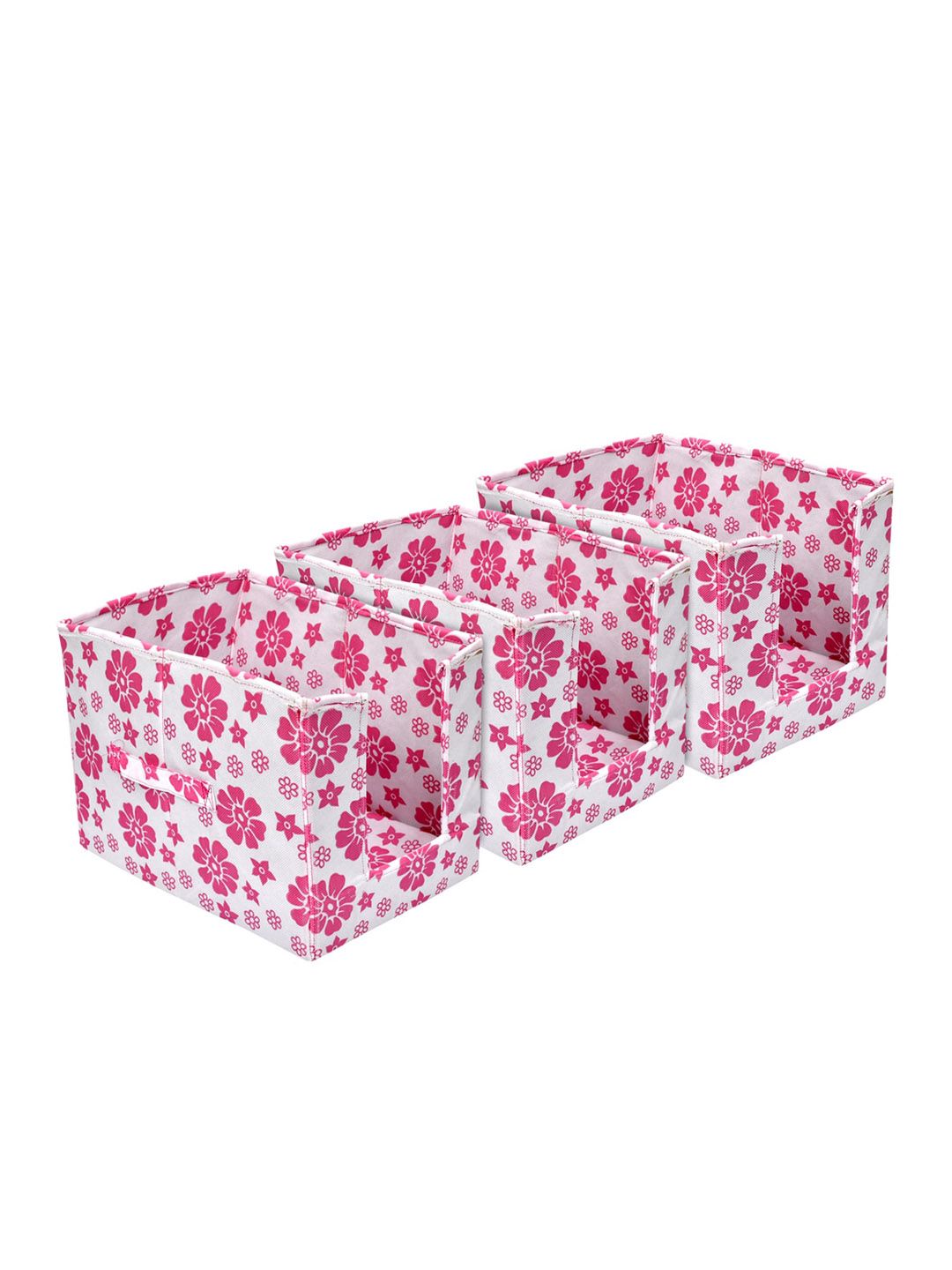 Kuber Industries Set Of 3 White & Pink Flower Printed Shirt Stacker Organisers With Handles Price in India