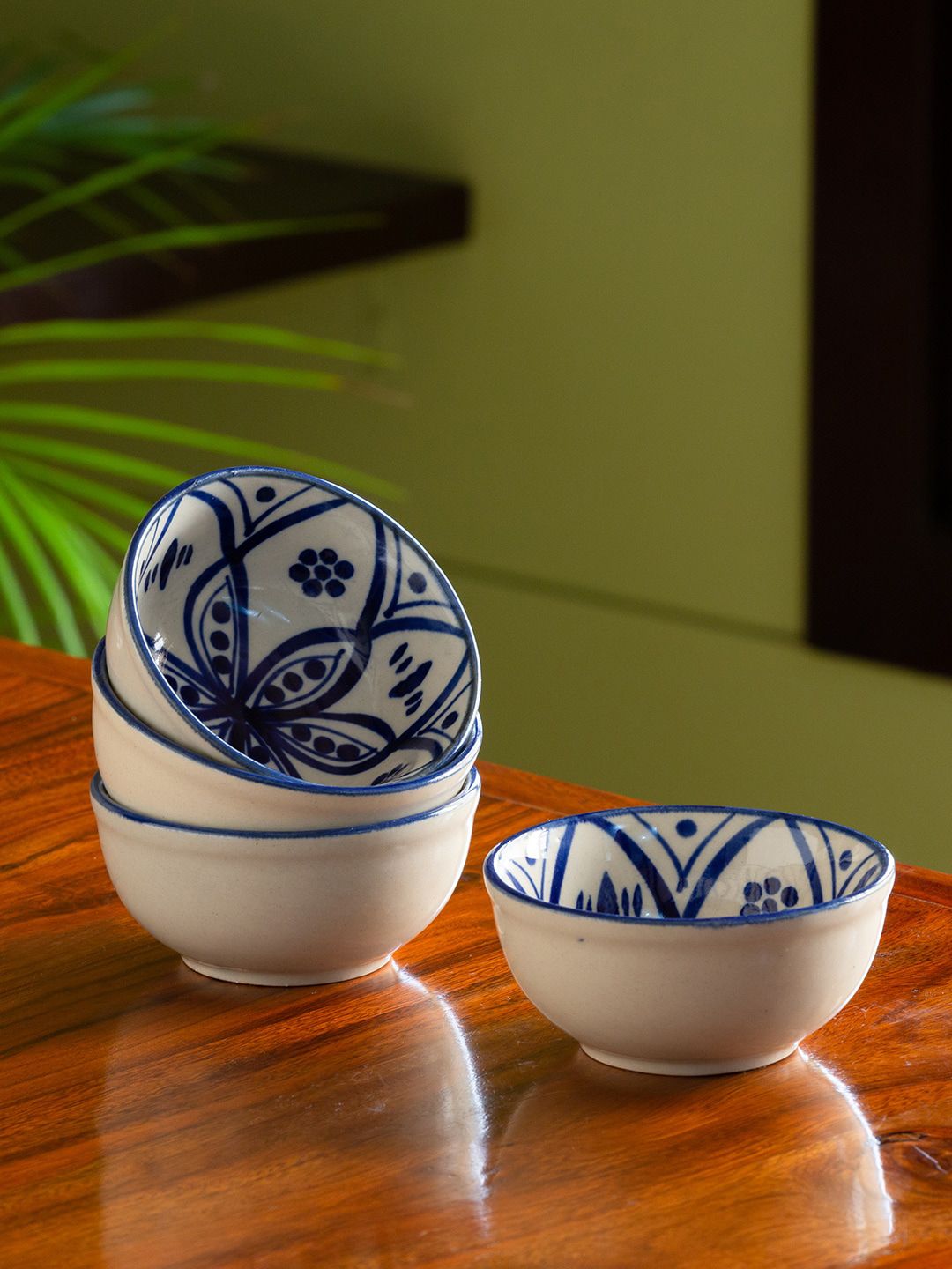 ExclusiveLane White & Navy Blue 4-Pieces Moroccan Hand-Painted Ceramic Microwave Safe Bowls Set Price in India