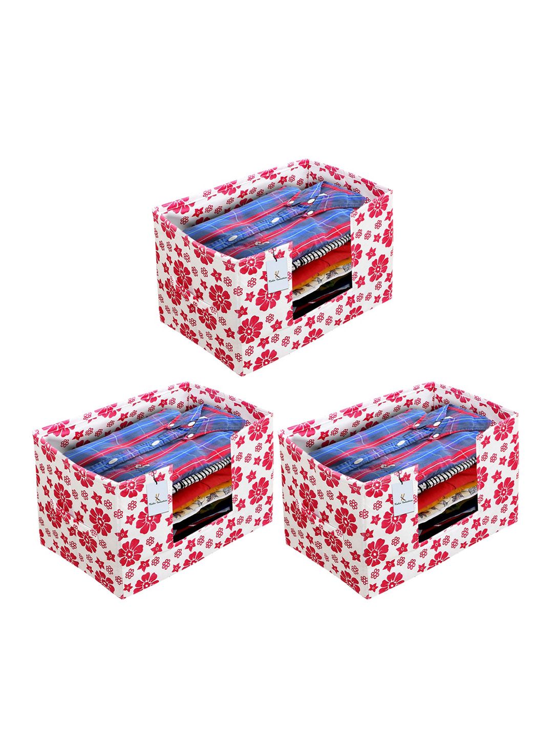 Kuber Industries Set Of 3 White & Pink Flower Printed Shirt Stacker Organisers With Handles Price in India