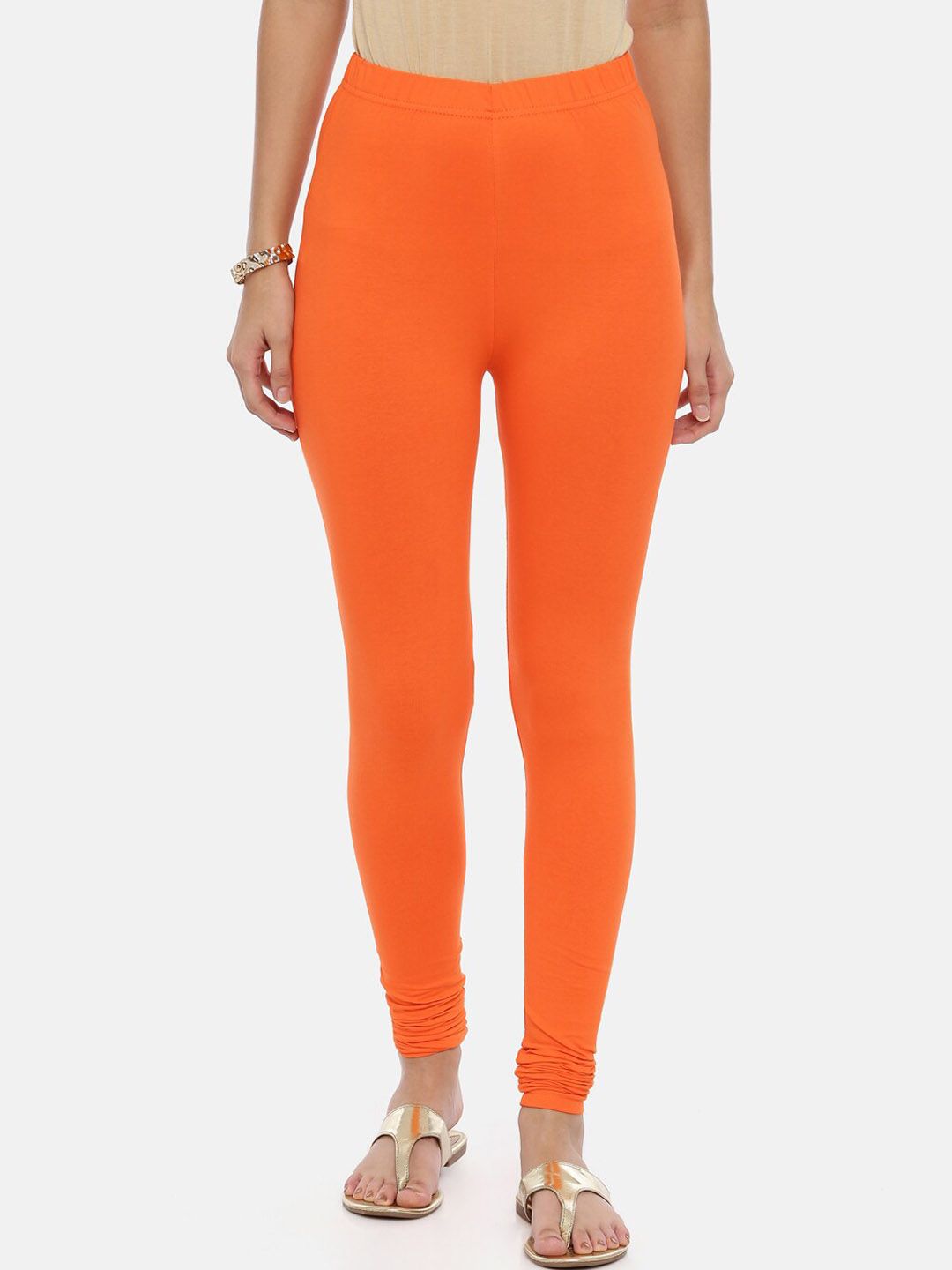 Souchii Women Orange Solid Slim-Fit Churidar-Length Leggings Price in India