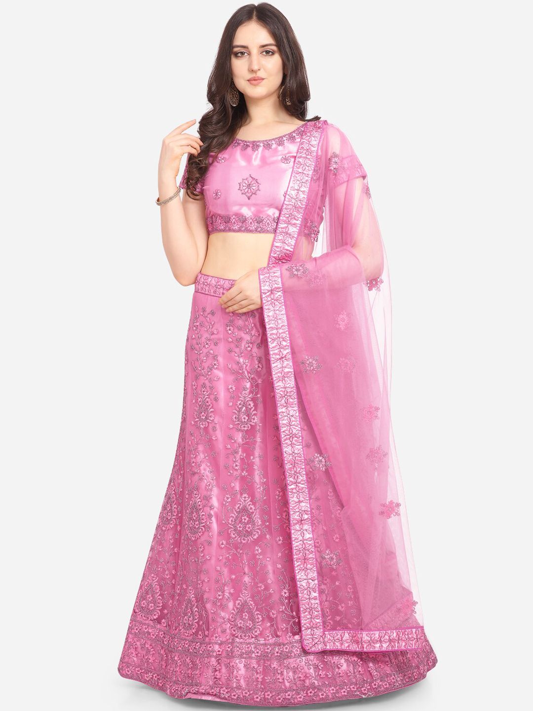 VRSALES Pink Semi-Stitched Embroidered Lehenga & Blouse with Dupatta Price in India