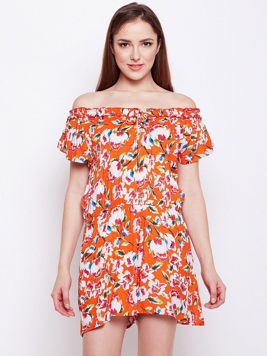 Oxolloxo Women Orange & White Floral Printed Playsuit Price in India