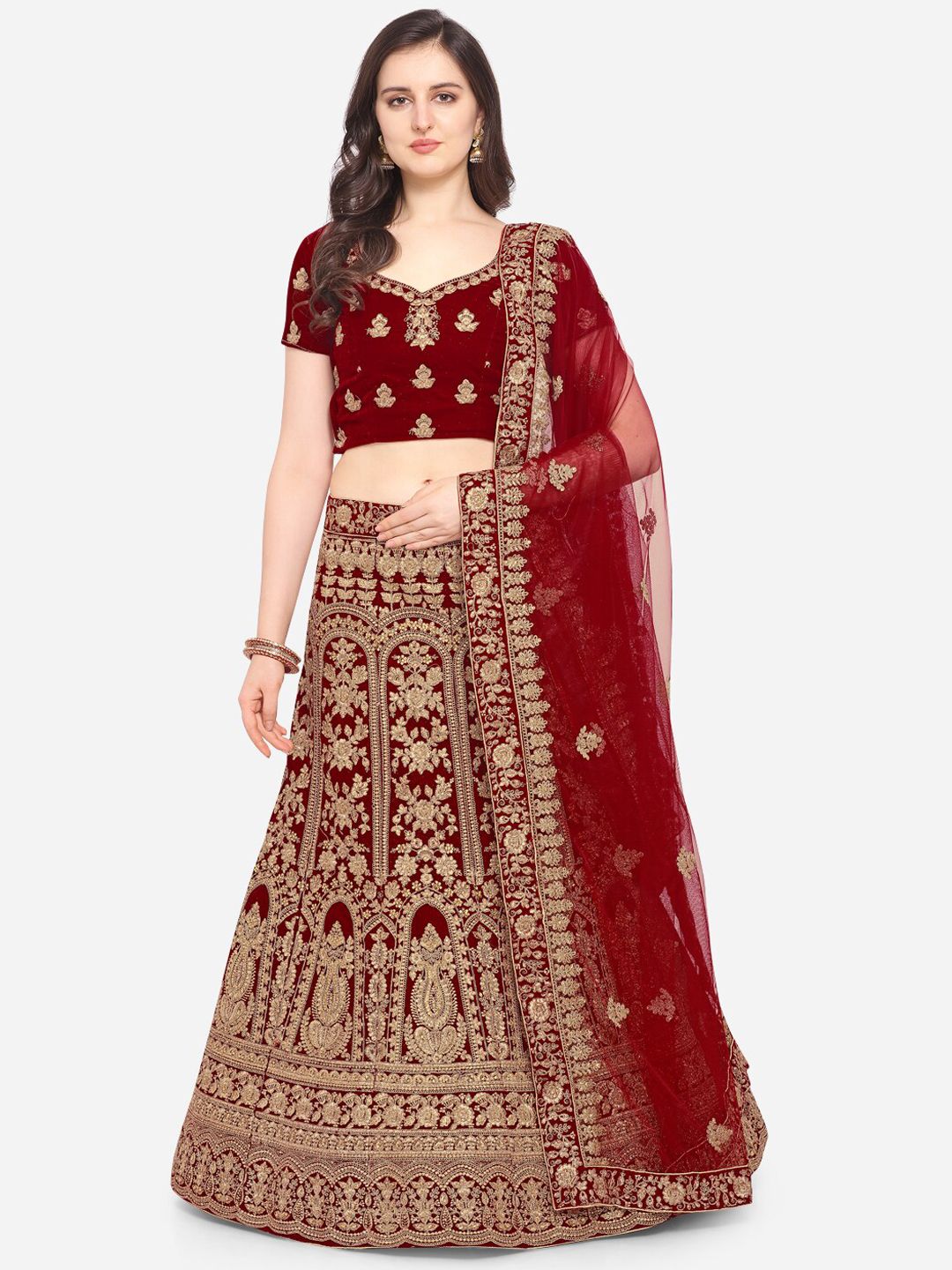 VRSALES Maroon & Gold-Toned Embroidered Semi-Stitched Lehenga & Unstitched Blouse with Dupatta