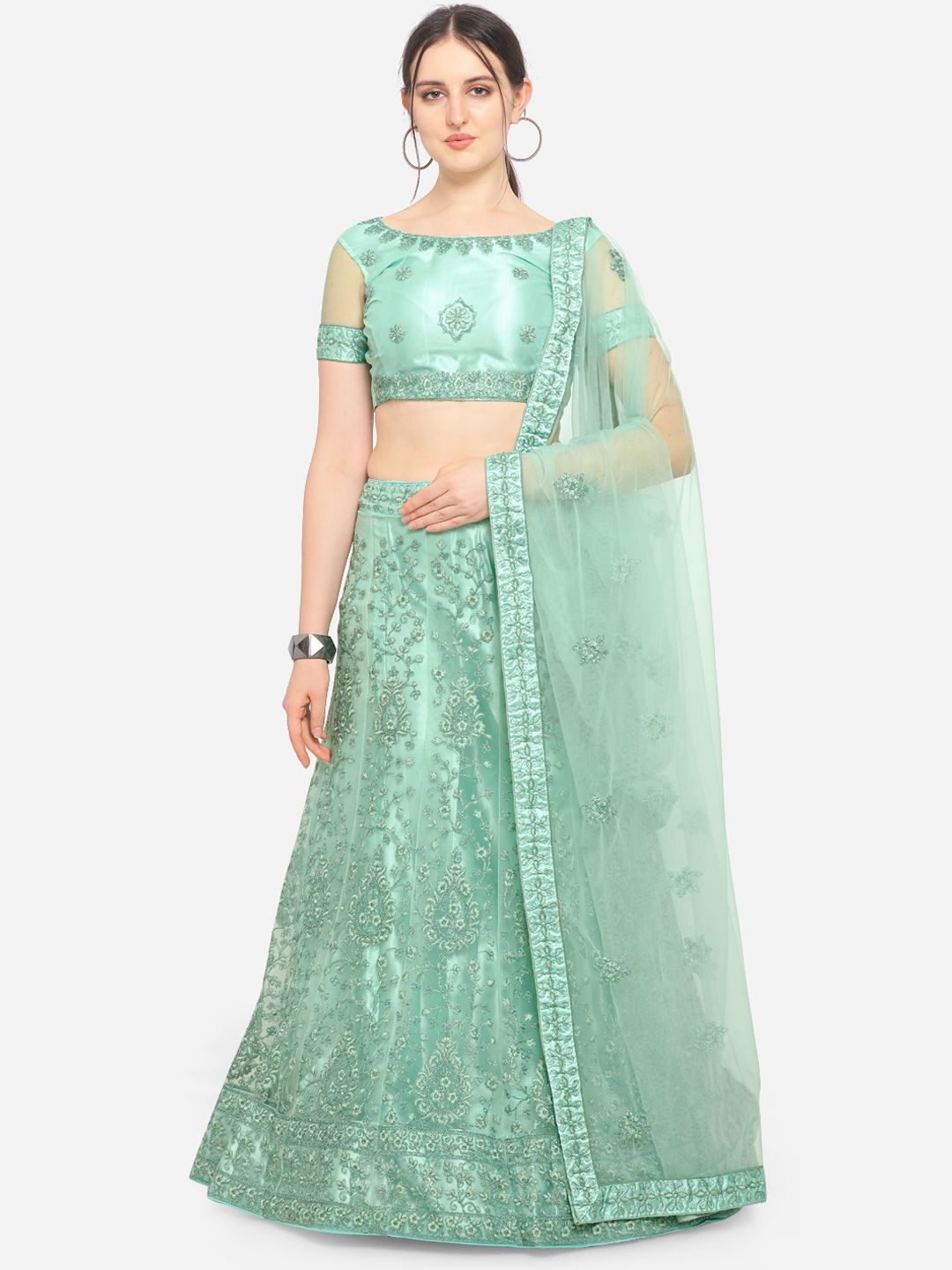 VRSALES Sea Green Semi-Stitched Lehenga & Unstitched Blouse with Dupatta Price in India