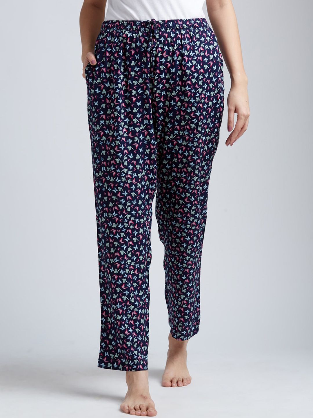 DRAPE IN VOGUE Women Navy Blue & Pink Butterfly Printed Lounge Pants Price in India