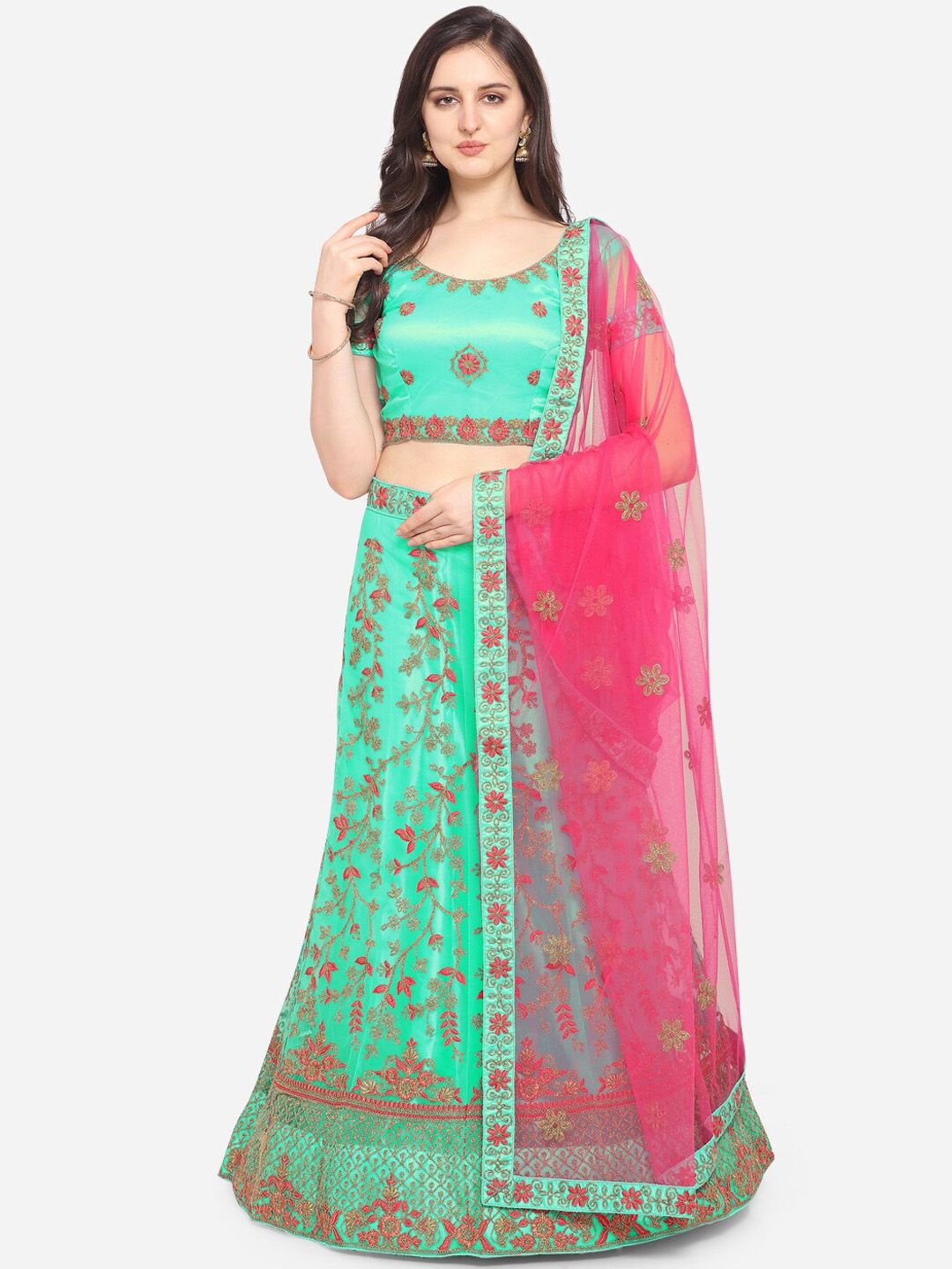 VRSALES Sea Green & Pink Embroidered Semi-Stitched Lehenga & Unstitched Blouse with Dupatta Price in India