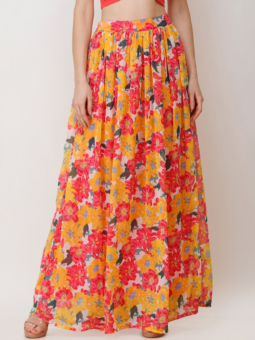 SCORPIUS Women Yellow & Orange Floral Print Flared Maxi Skirt