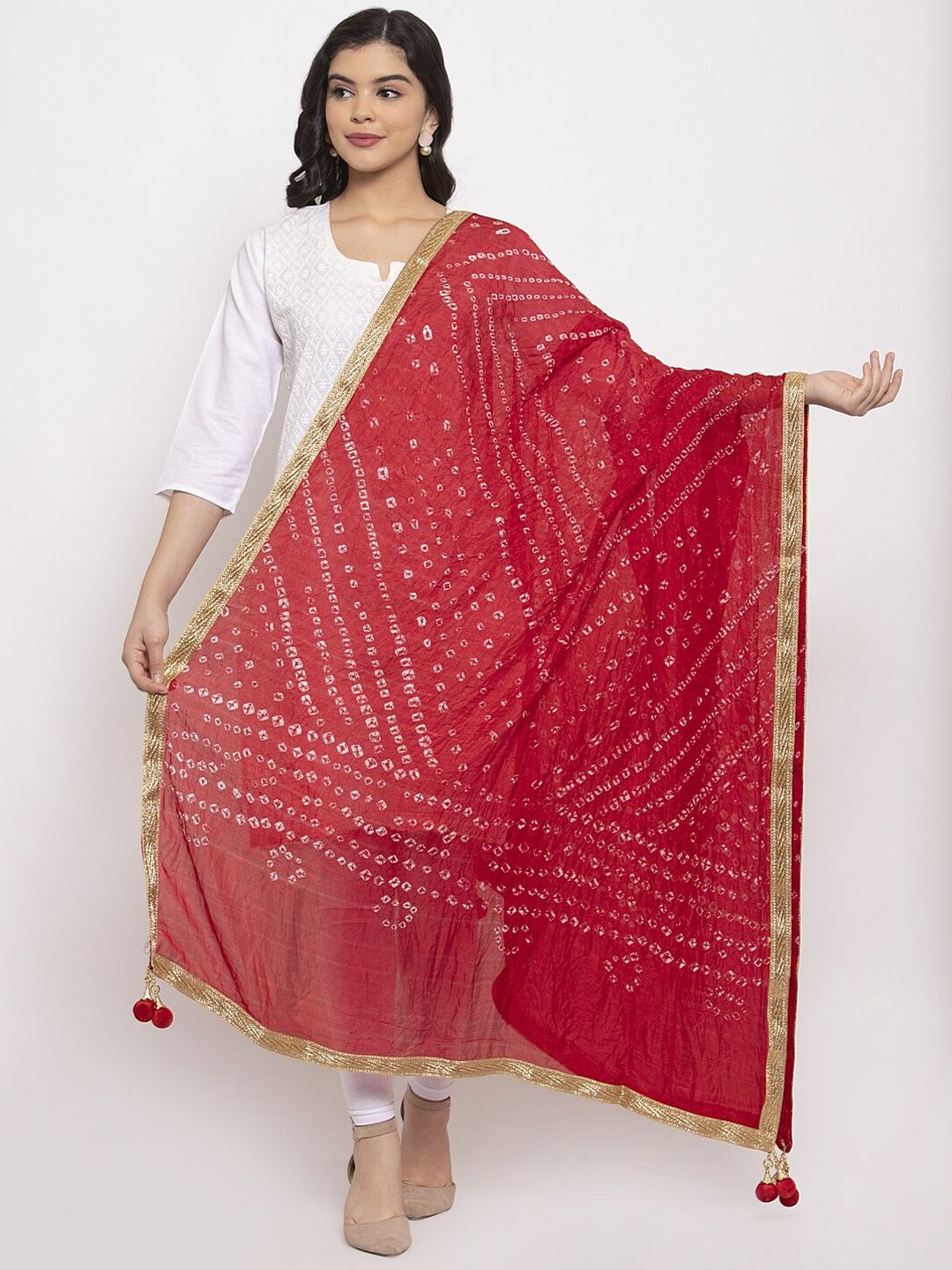 Clora Creation Red Bandhani Gotta Patti Silk Dupatta Price in India