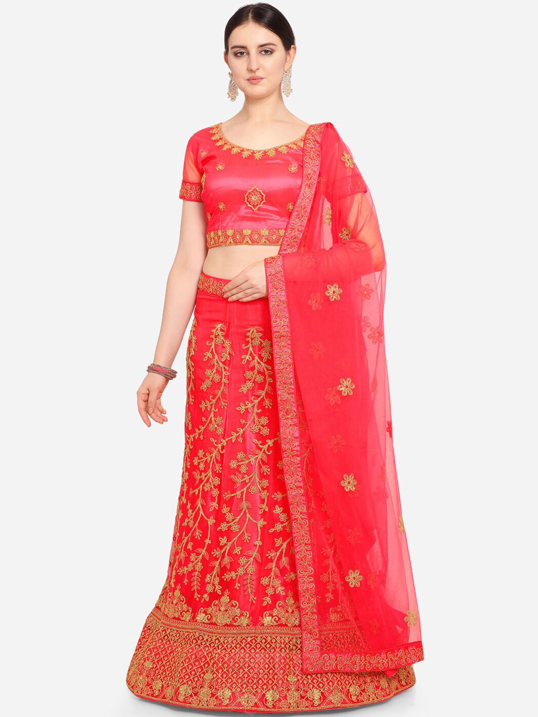 VRSALES Coral & Gold-Toned Embroidered Semi-Stitched Lehenga & Unstitched Blouse with Dupatta Price in India