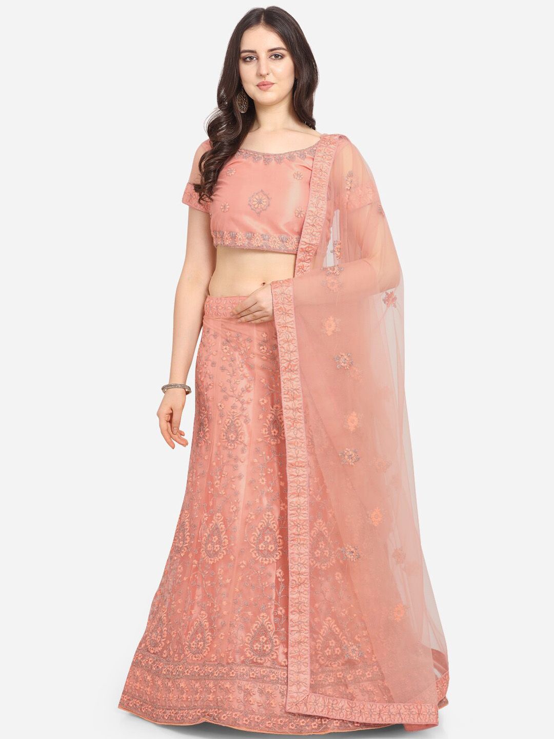 VRSALES Peach-Coloured Semi-Stitched Lehenga & Blouse with Dupatta Price in India