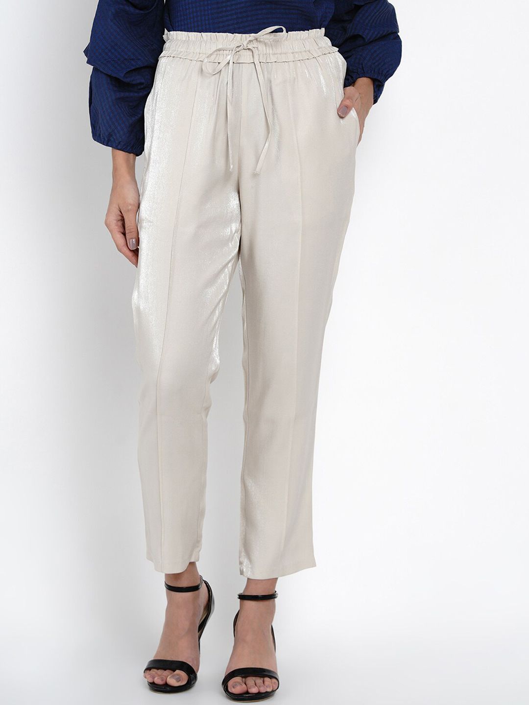 Latin Quarters Women Off-White Slim Fit Sheen Cigarette Trousers