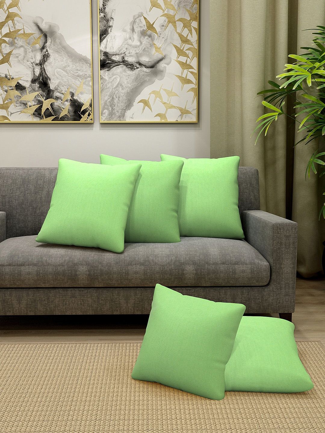 KLOTTHE Set Of 5 Green Solid Square Cushions Price in India