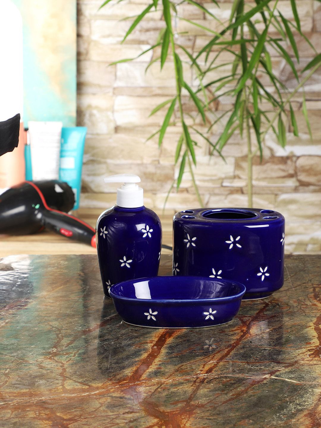 CDI Set Of 3 Blue Star Printed Ceramic Bathroom Accessories Price in India