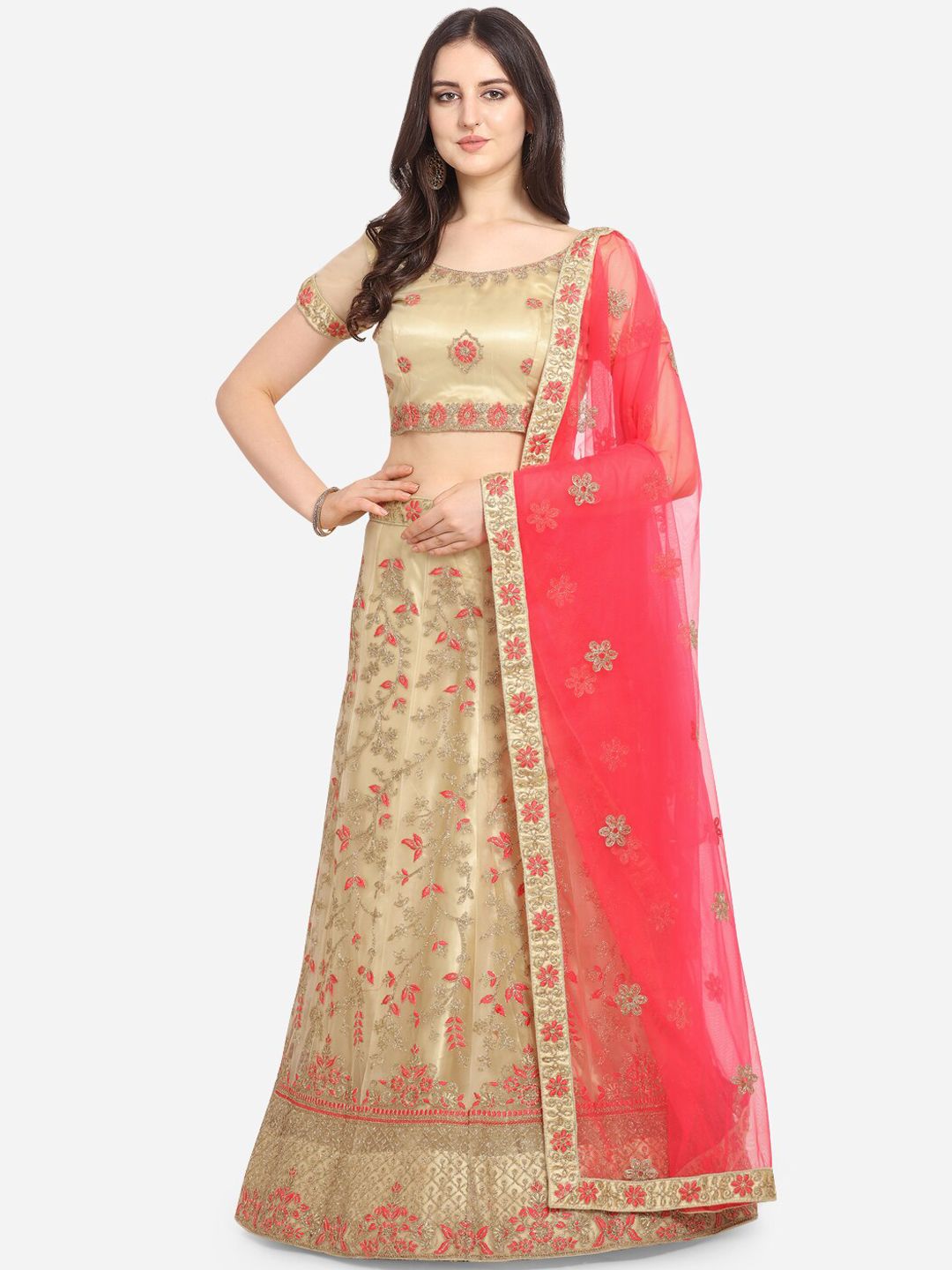 VRSALES Beige & Pink Embroidered Semi-Stitched Lehenga & Unstitched Blouse with Dupatta