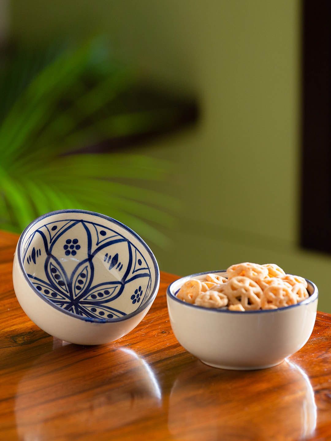 ExclusiveLane Set of 2 White & Blue Moroccan Floral Ceramic Serving Bowls Price in India
