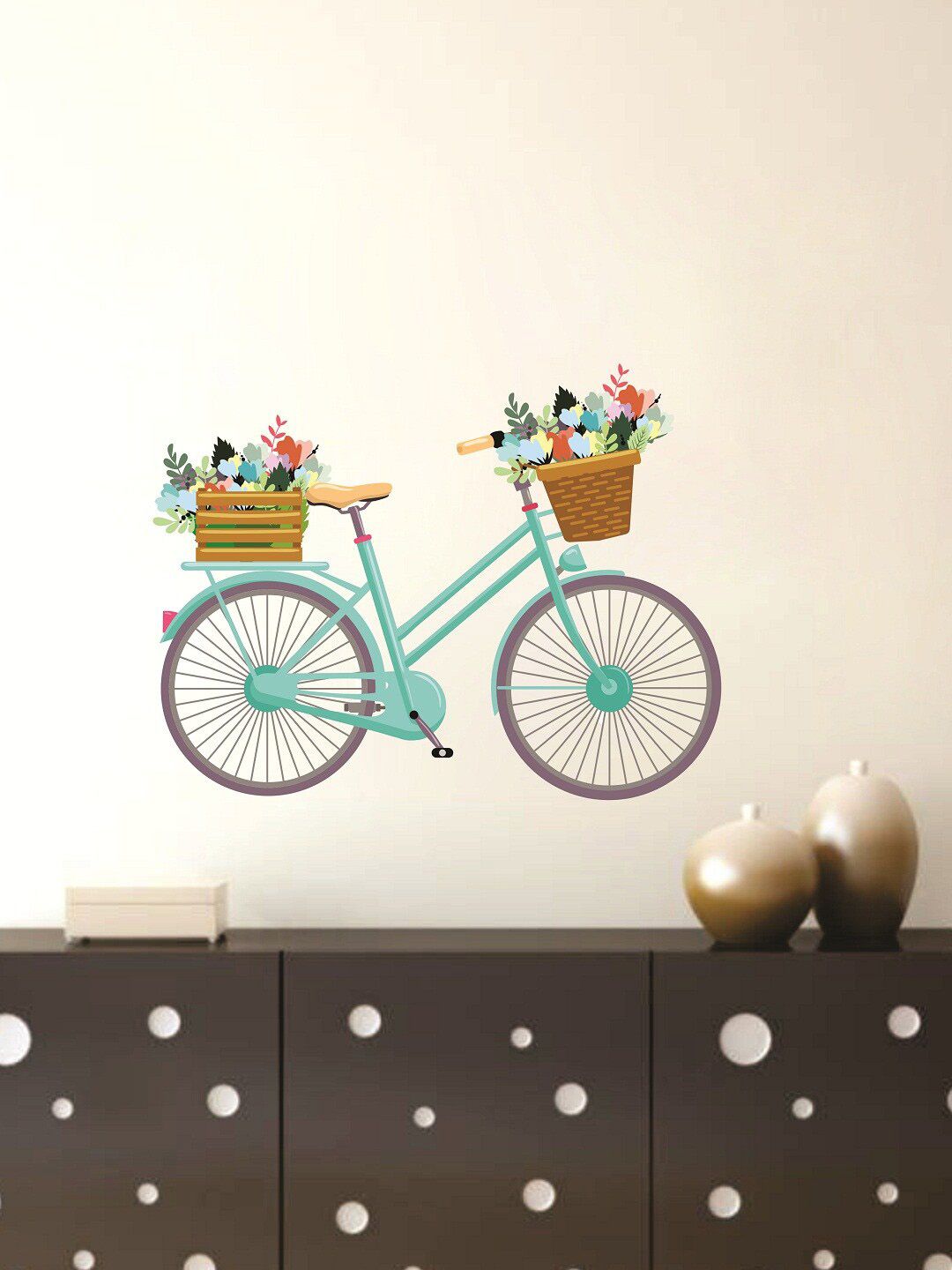 WALLSTICK Sea Green & Brown Bicycle With Flowers Large Vinyl Wall Sticker Price in India