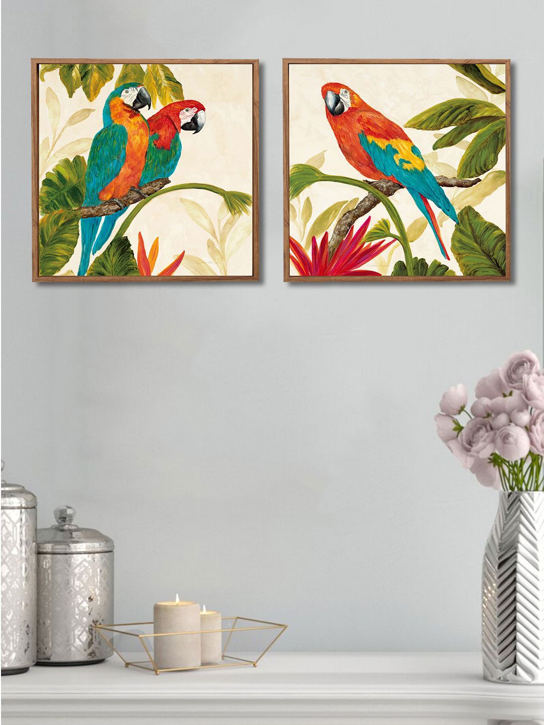 Art Street Set Of 2 Beige & Green Parrots Framed Canvas Wall Art Price in India