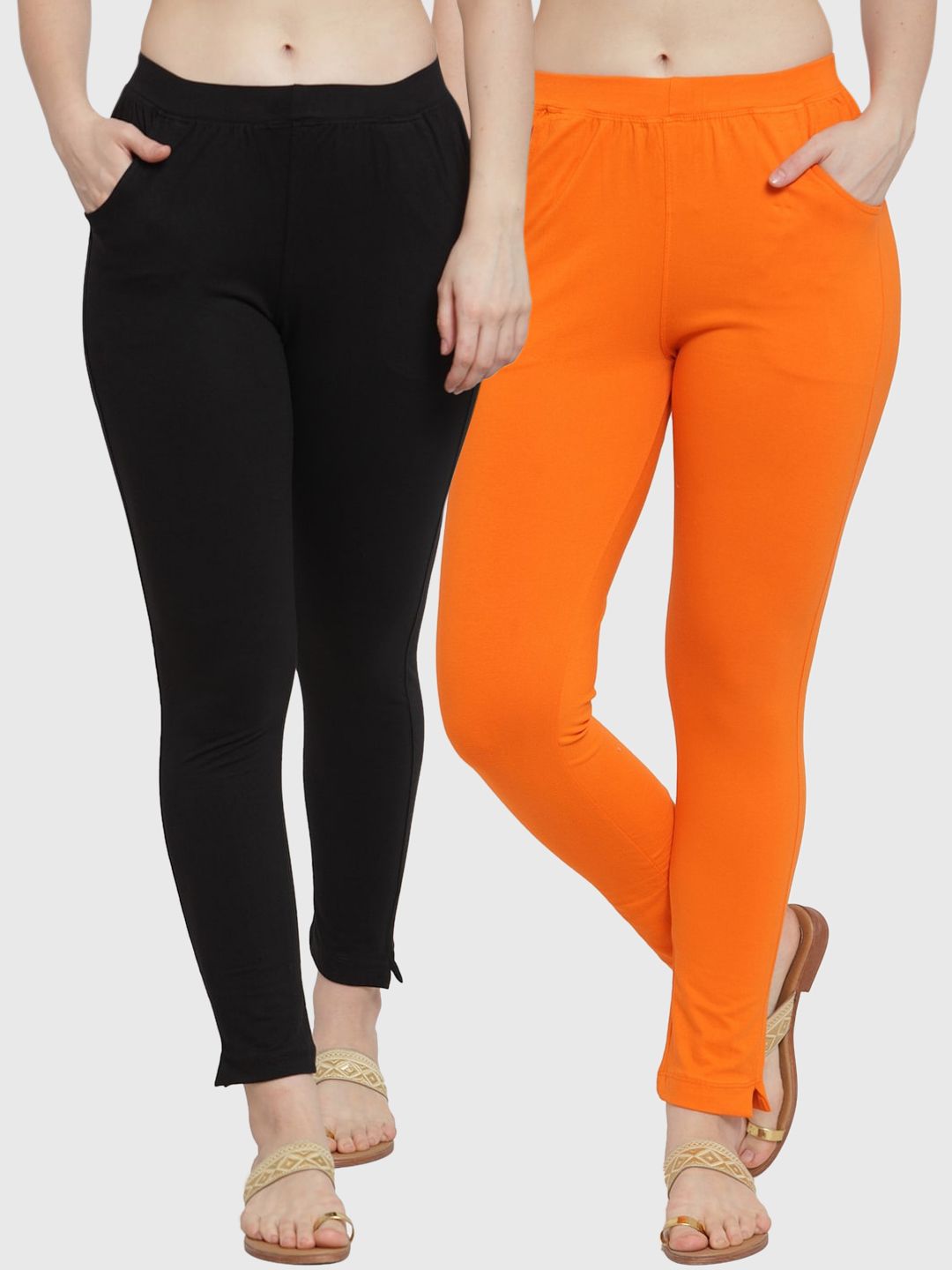 TAG 7 Women Pack Of 2 Orange & Black Solid Straight-Fit Ankle-Length Leggings Price in India