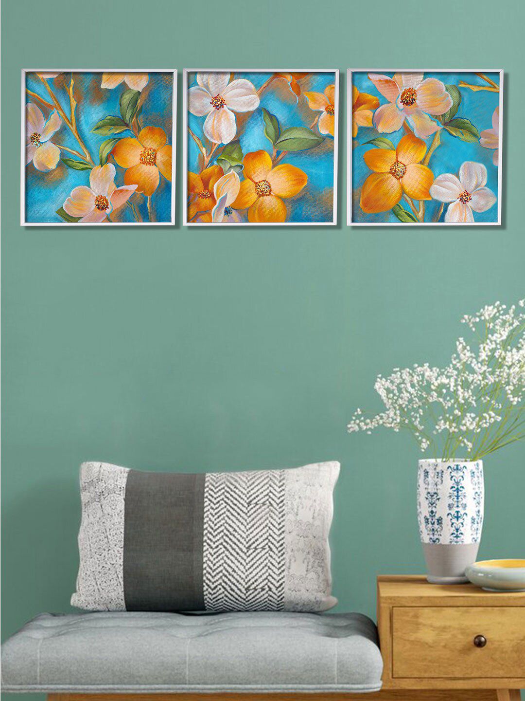 Art Street Set Of 3 Yellow & Green Flowers Framed Canvas Wall Art Price in India