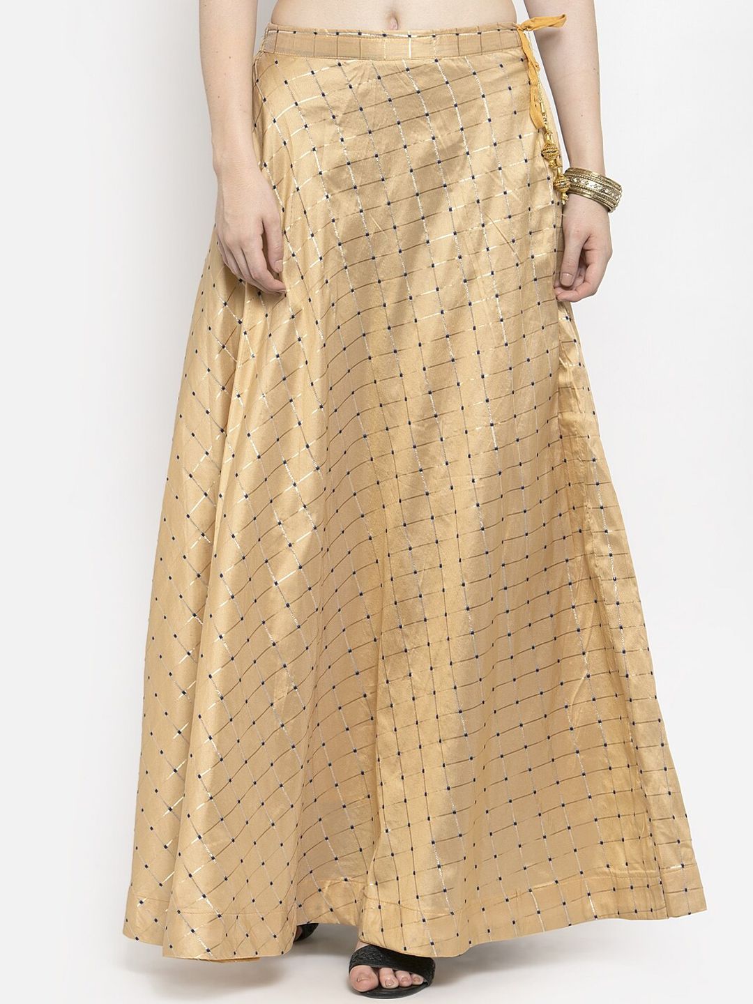 Clora Creation Gold & Silver Checked Flared Maxi Skirt