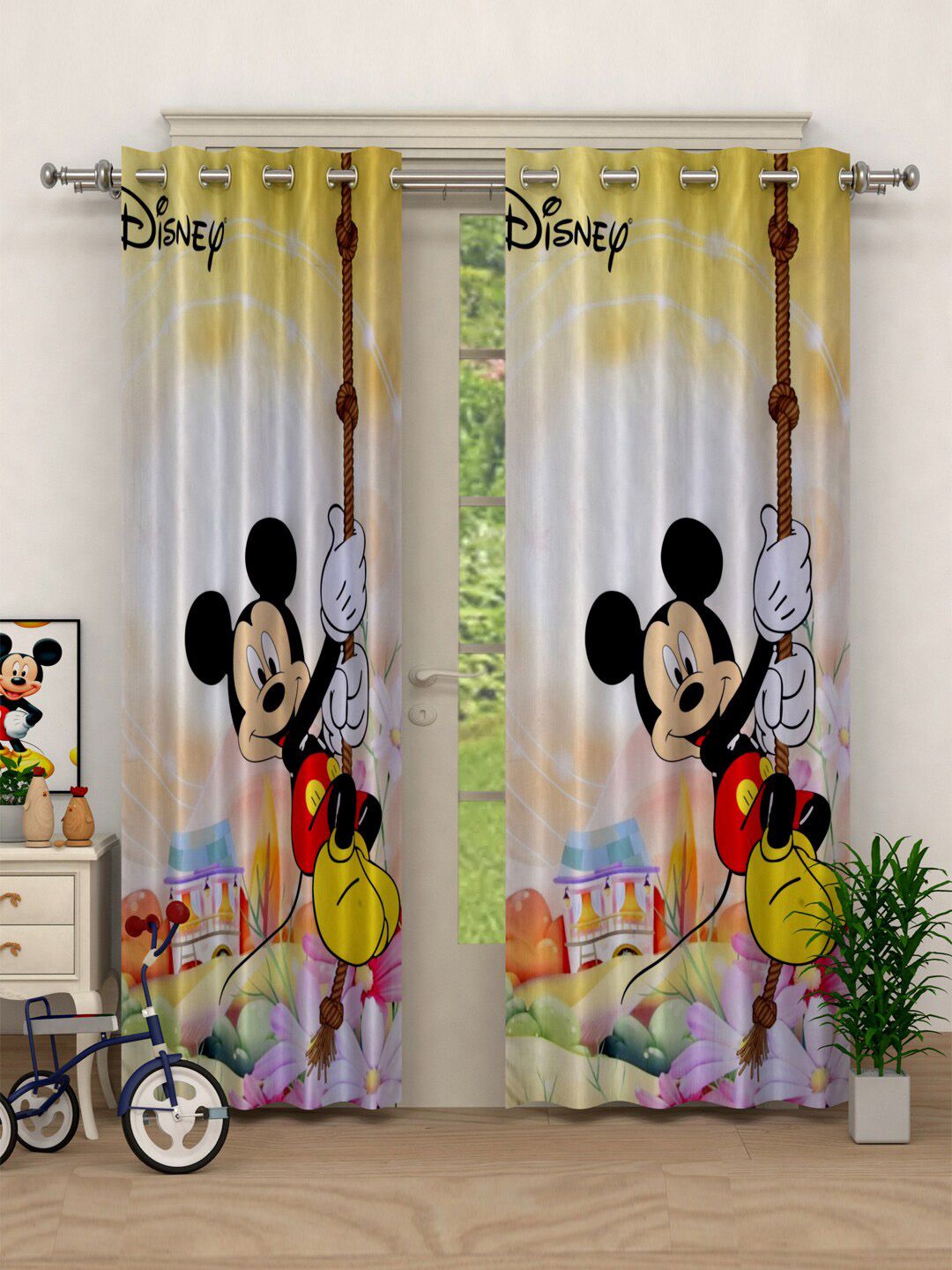 Kuber Industries Yellow Mickey Mouse Printed Set of 2 Door Curtains Price in India