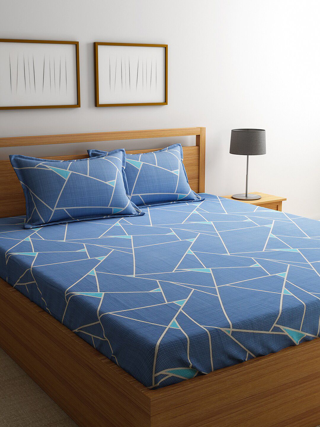 RAGO Blue Geometric 210 TC Cotton 1 Queen Bedsheet with 2 Pillow Covers Price in India