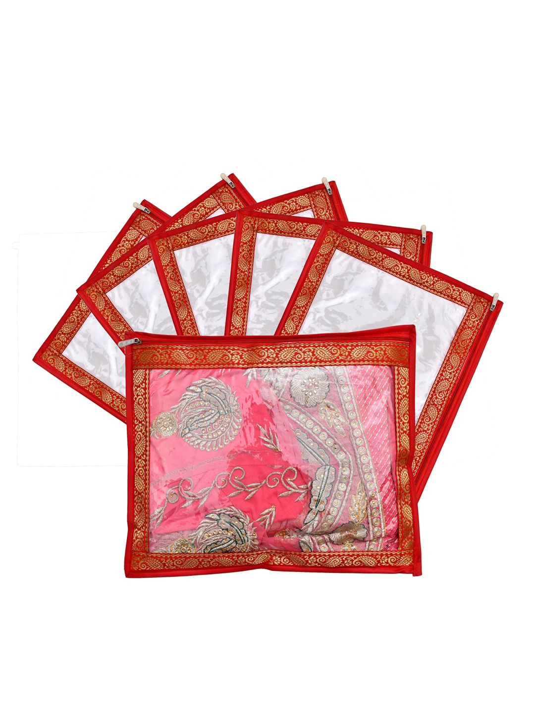Kuber Industries Set Of 6 Red & Transparent Solid Single Packing Saree Cover Organizers Price in India
