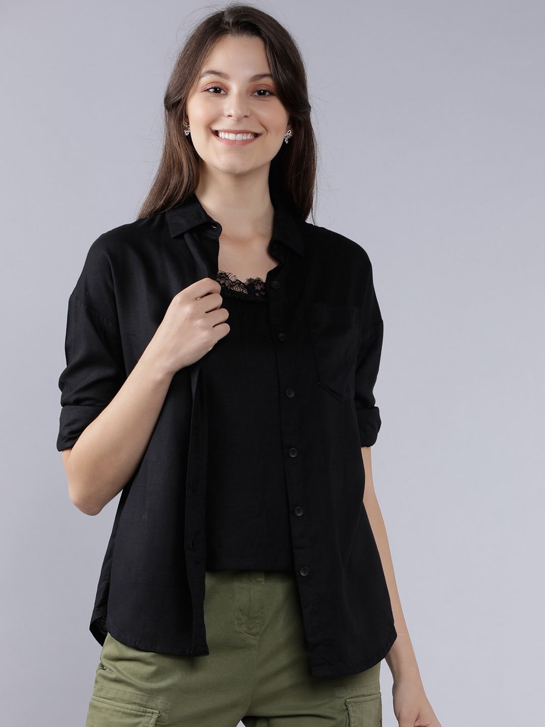 Tokyo Talkies Women Black Regular Fit Solid Casual Shirt with Inner