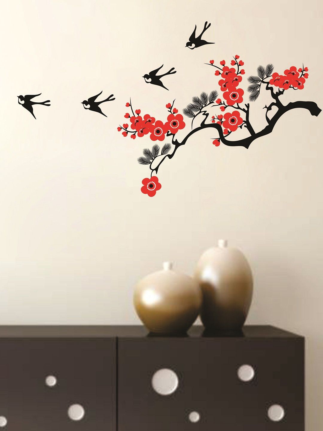 WALLSTICK Red & Black Birds with Trees Large Vinyl Wall Sticker Price in India