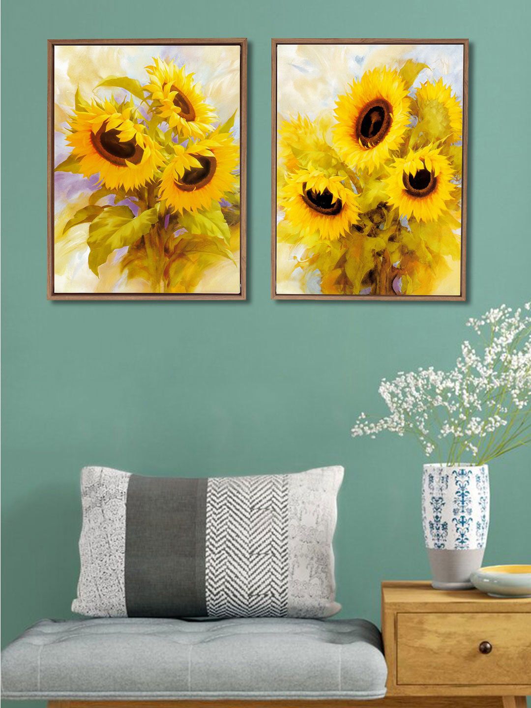 Art Street Set Of 2 Yellow & Beige Sun Flower Framed Canvas Wall Art Price in India