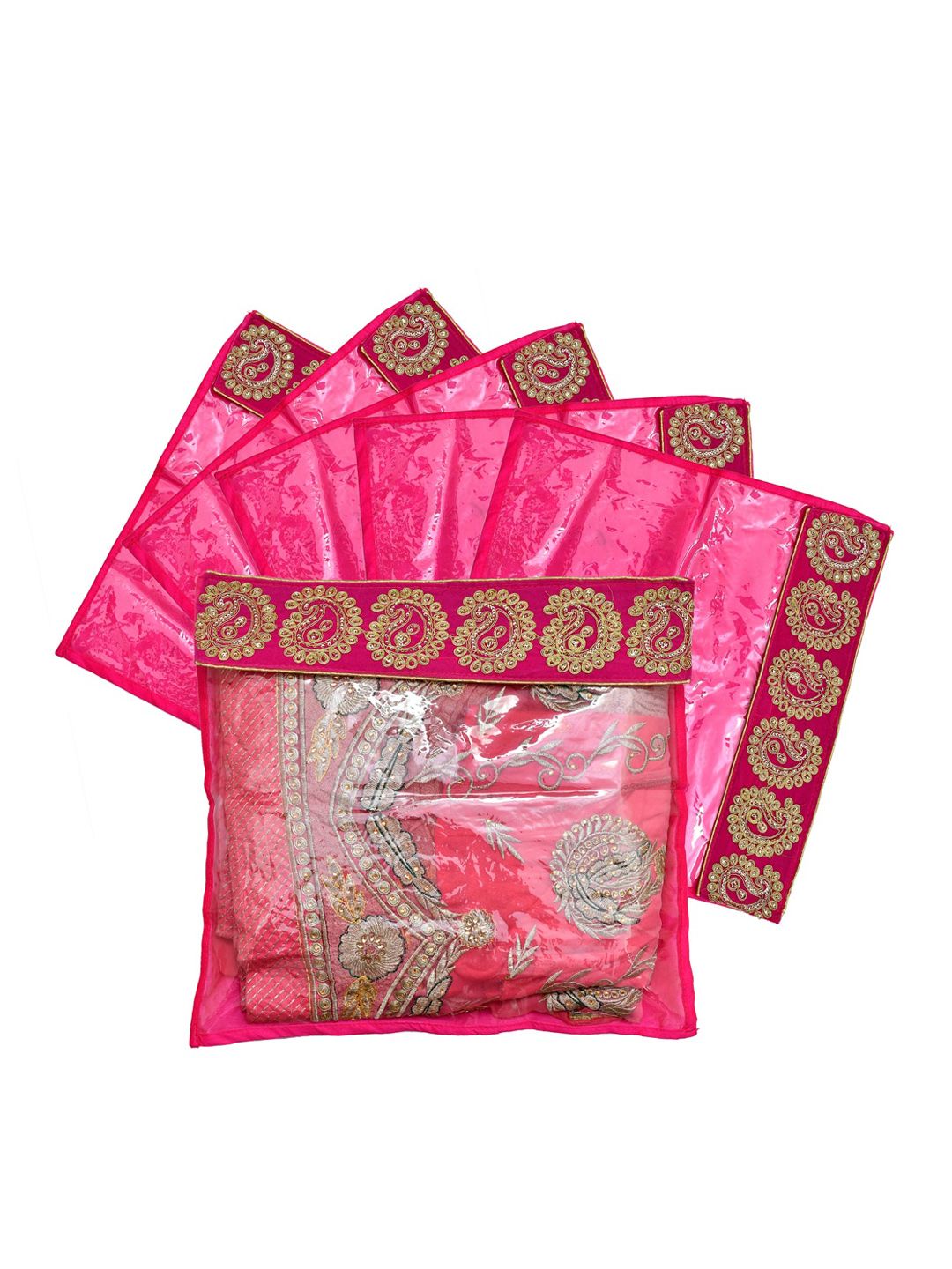 Kuber Industries Set Of 6 Pink & Transparent Embellished Zari Border Flip Single Packing Saree Cover Organizers Price in India