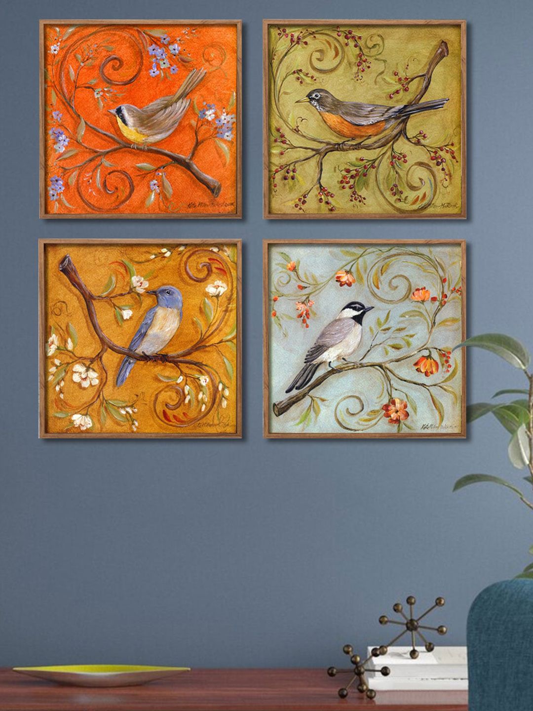 Art Street Set Of 4 Brown & Orange Sparrow Framed Canvas Wall Art Price in India