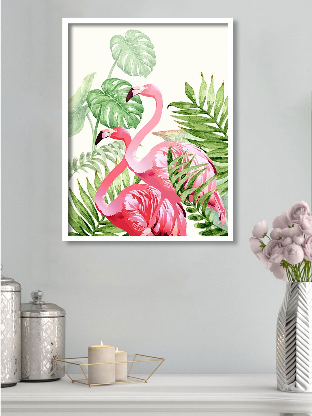 Art Street Pink & Green Two Flamingo Design Framed Canvas Wall Art Price in India