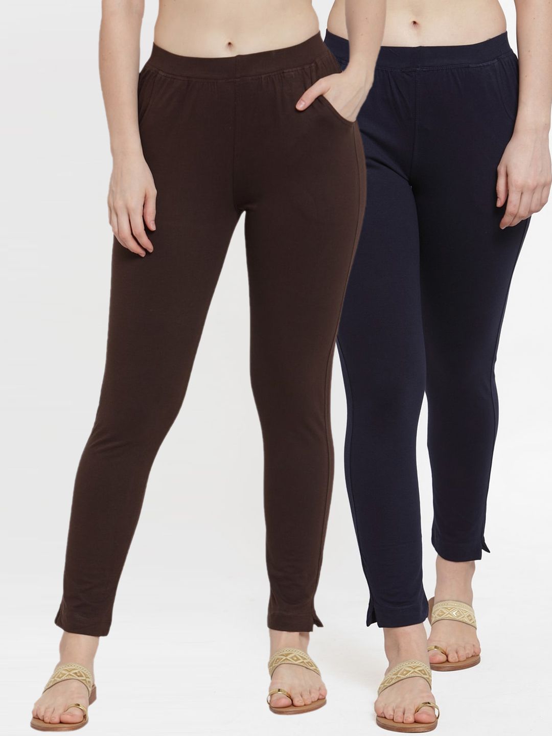 TAG 7 Women Pack Of 2 Navy Blue & Brown Solid Ankle-Length Leggings Price in India