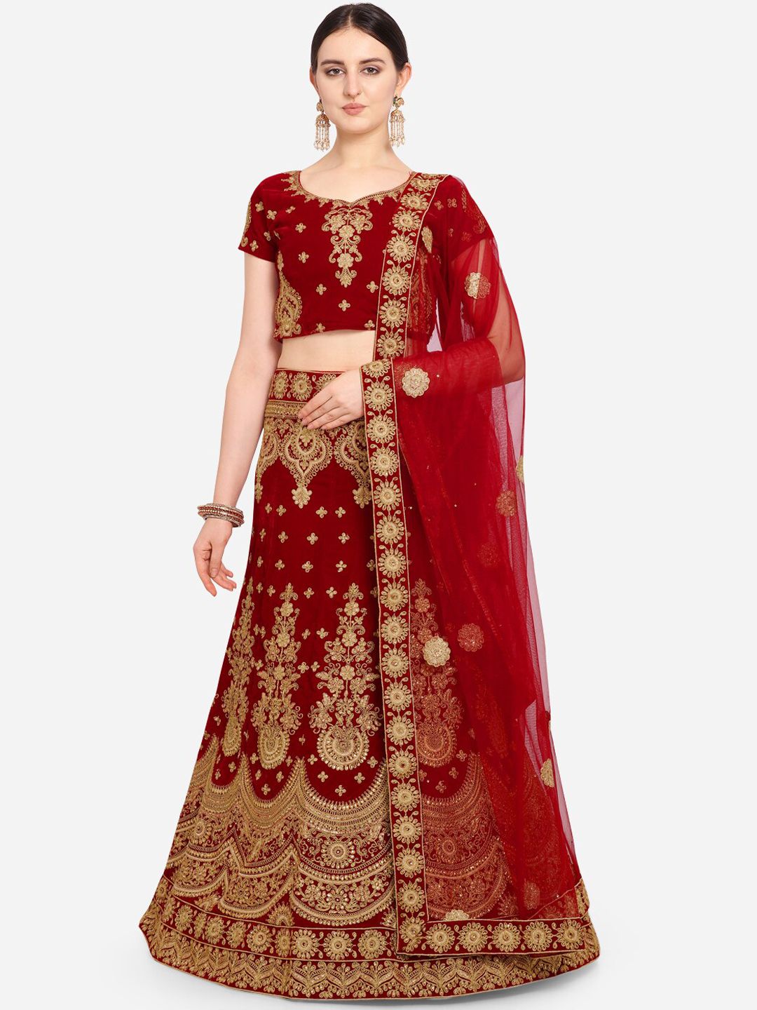 VRSALES Red & Gold-Toned Embroidered Semi-Stitched Lehenga & Unstitched Blouse with Dupatta