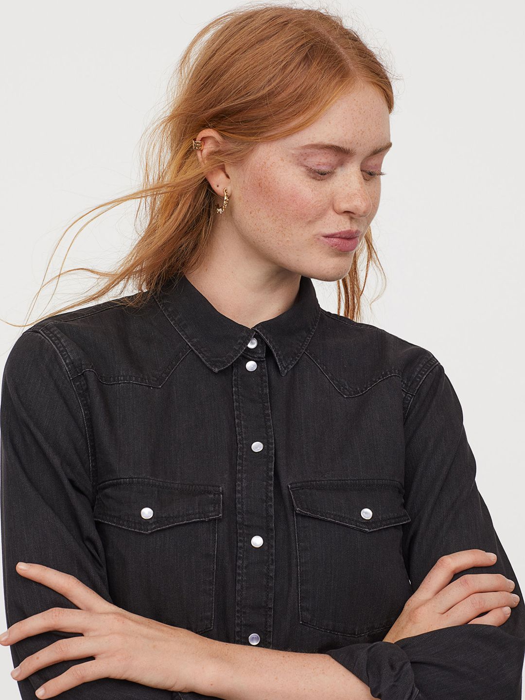 H&M Women Black Solid Denim Shirt